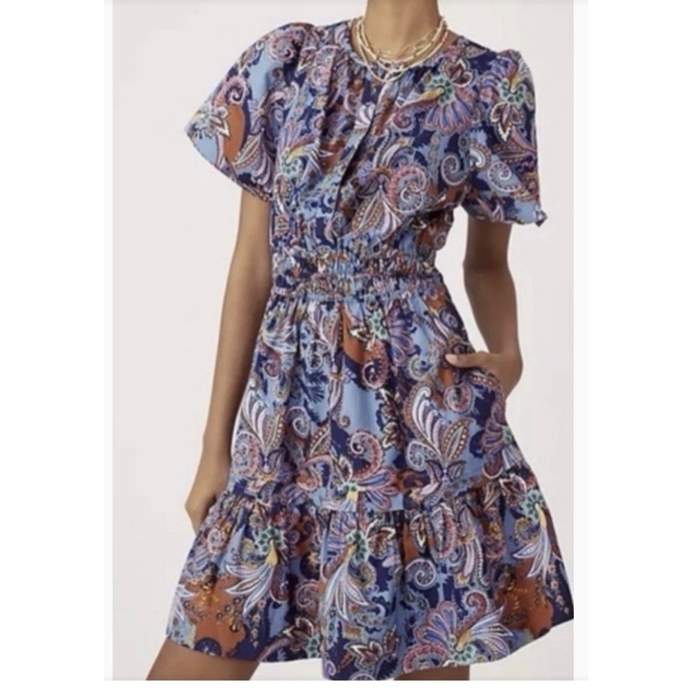 Maeve Anthropologie Blue Paisley Smocked Waist Cotton Mini Dress Size XS